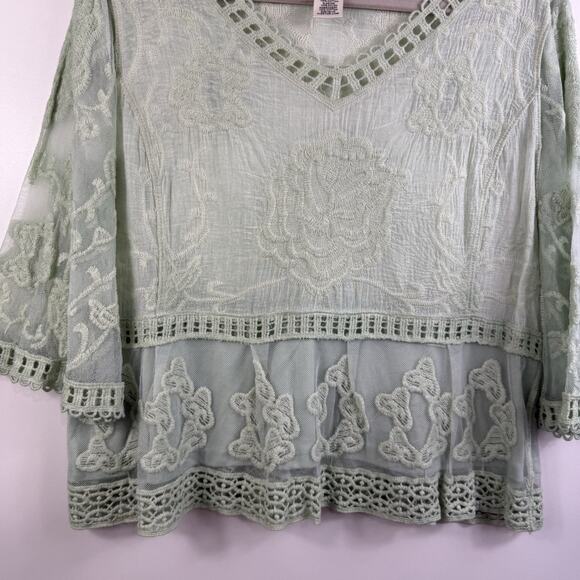 Bohemian Crochet Mesh Ultra Pink Top Large Mint Green Bell Sleeve Embroidered - Picture 5 of 13